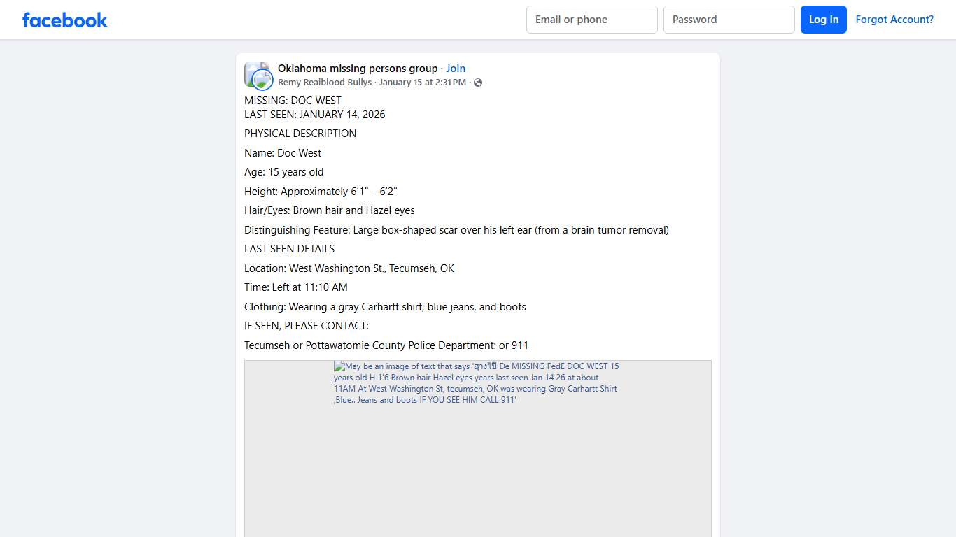 Oklahoma missing persons group MISSING: DOC WEST Facebook